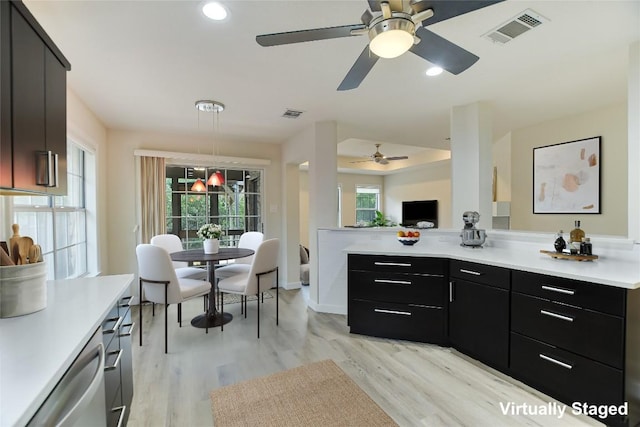 5509 Kayview Dr, Austin, TX 78749 - kitchen featuring light countertops, dark cabinetry, a ceiling fan, stainless steel dishwasher, and light wood-type flooring