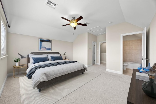 17900 Crimson Apple Way, Pflugerville, TX 78660 - carpeted bedroom featuring lofted ceiling, attic access, a ceiling fan, and ensuite bath