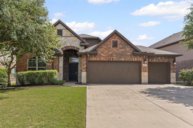 17900 Crimson Apple Way, Pflugerville, TX 78660 - french country inspired facade with an attached garage, stone siding, concrete driveway, a front lawn, and roof with shingles
