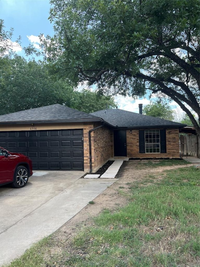 6506 Clubway Ln, Austin, TX 78745 - ranch-style house featuring an attached garage, concrete driveway, a shingled roof, and brick siding