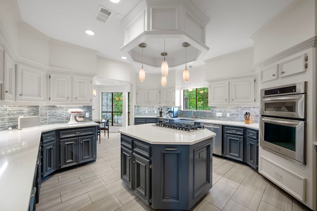 5301 Backtrail Dr, Austin, TX 78731 - kitchen with appliances with stainless steel finishes, white cabinets, light countertops, blue cabinets, and recessed lighting