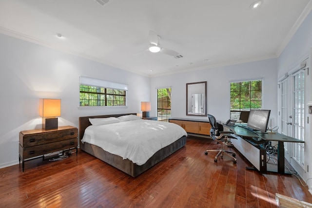 5301 Backtrail Dr, Austin, TX 78731 - bedroom featuring multiple windows, an office area, ornamental molding, hardwood / wood-style flooring, and ceiling fan
