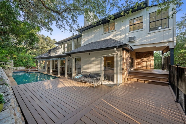 5301 Backtrail Dr, Austin, TX 78731 - wooden deck featuring an outdoor pool