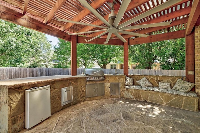3340 Marcasite Dr, Round Rock, TX 78681 - view of patio / terrace featuring an outdoor kitchen, a ceiling fan, and a pergola