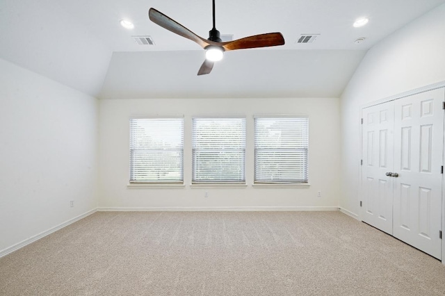 3340 Marcasite Dr, Round Rock, TX 78681 - unfurnished bedroom featuring lofted ceiling, light carpet, recessed lighting, a closet, and a ceiling fan