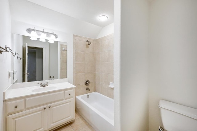 3340 Marcasite Dr, Round Rock, TX 78681 - full bathroom with vanity, shower / washtub combination, tile patterned floors, and vaulted ceiling