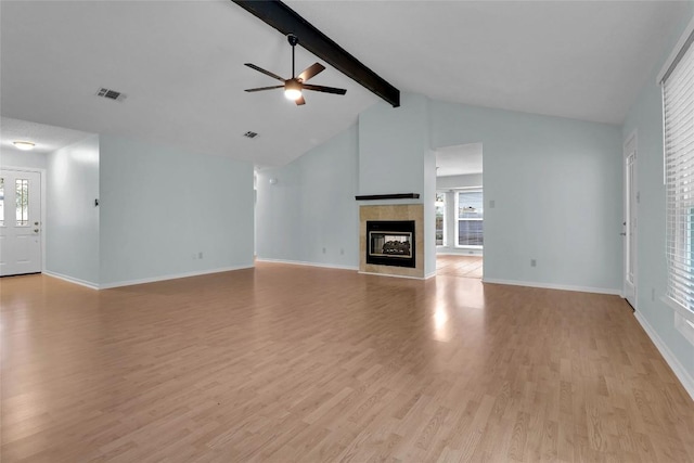 1928 Ramona Cir, San Marcos, TX 78666 - unfurnished living room featuring a ceiling fan, beam ceiling, light wood-type flooring, a fireplace, and high vaulted ceiling