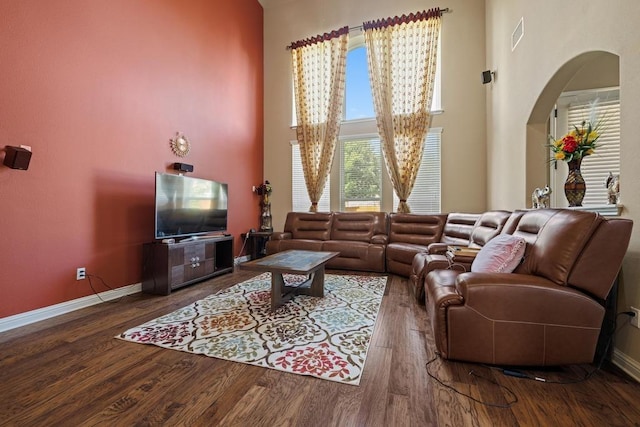 614 Spanish Mustang Dr, Cedar Park, TX 78613 - living room with a high ceiling, arched walkways, and wood finished floors