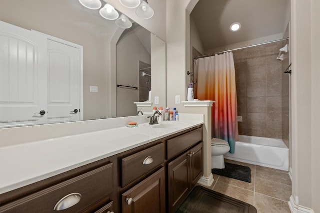 614 Spanish Mustang Dr, Cedar Park, TX 78613 - bathroom featuring vanity, tile patterned floors, and shower / tub combo with curtain