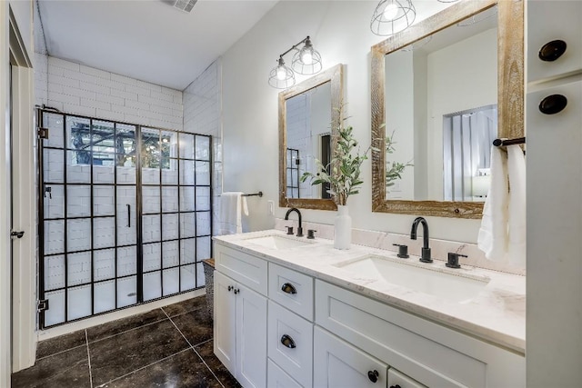 20008 Victoria Chase Rd, Lago Vista, TX 78645 - bathroom with double vanity, tile patterned flooring, and a tile shower