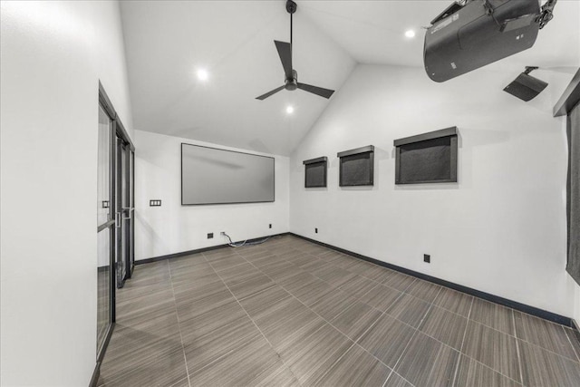 2817 Tradewind Dr, Spicewood, TX 78669 - home theater room featuring a ceiling fan, recessed lighting, and high vaulted ceiling