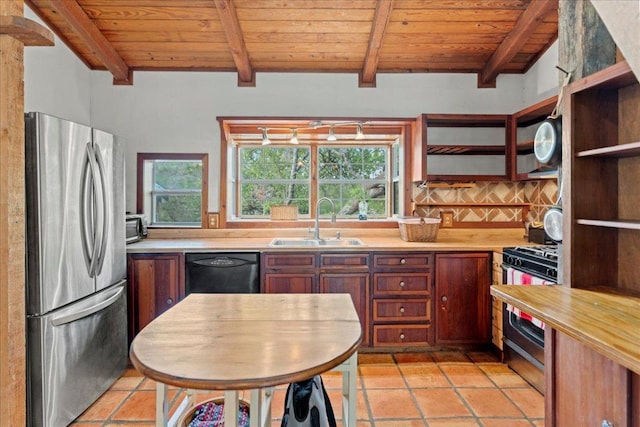 1800 N Rainbow Ranch Rd, Wimberley, TX 78676 - kitchen with appliances with stainless steel finishes, a wooden ceiling with exposed beams, decorative backsplash, open shelves, and light tile patterned floors