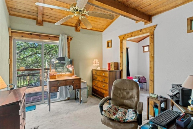 1800 N Rainbow Ranch Rd, Wimberley, TX 78676 - office space with wooden ceiling, carpet floors, and a ceiling fan