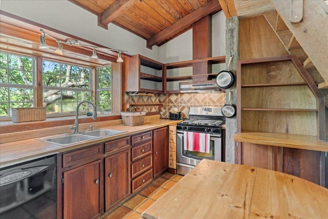 1800 N Rainbow Ranch Rd, Wimberley, TX 78676 - kitchen with open shelves, gas stove, dishwasher, tasteful backsplash, and wooden ceiling
