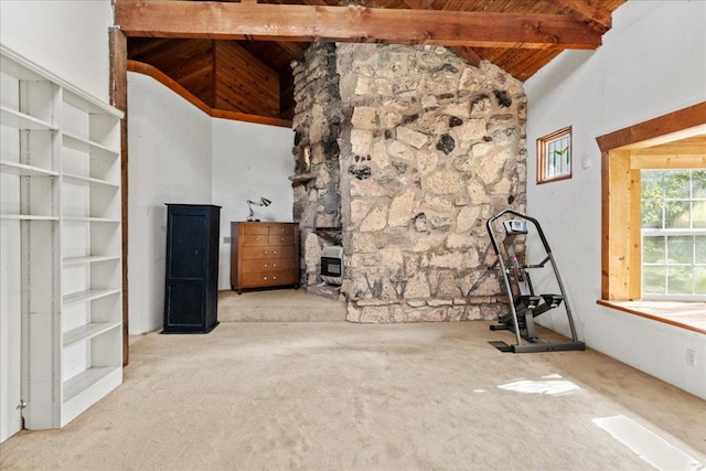 1800 N Rainbow Ranch Rd, Wimberley, TX 78676 - carpeted living room featuring wooden ceiling and heating unit
