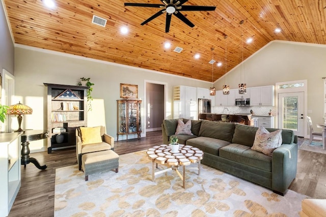 2025 Cripple Creek Stage Rd, Dripping Springs, TX 78620 - living room with ceiling fan, light wood-style floors, wooden ceiling, and high vaulted ceiling