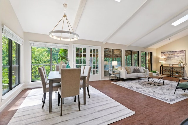 11915 River Oaks Trl, Austin, TX 78753 - sunroom / solarium featuring french doors, a chandelier, wood finished floors, beam ceiling, and high vaulted ceiling