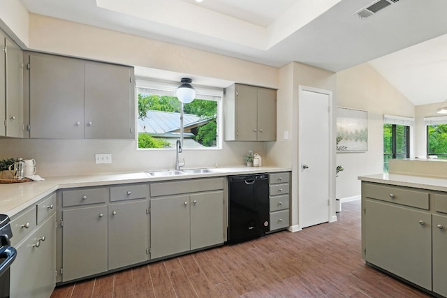 11915 River Oaks Trl, Austin, TX 78753 - kitchen with black dishwasher, gray cabinetry, wood finished floors, lofted ceiling, and light countertops
