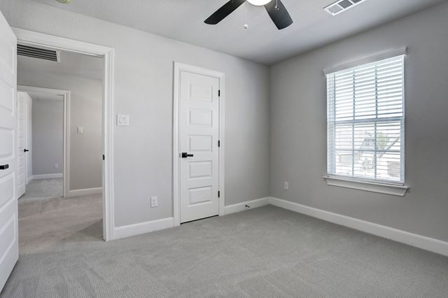 17309 Howdy Way, Manor, TX 78653 - unfurnished bedroom featuring carpet floors, multiple windows, and ceiling fan