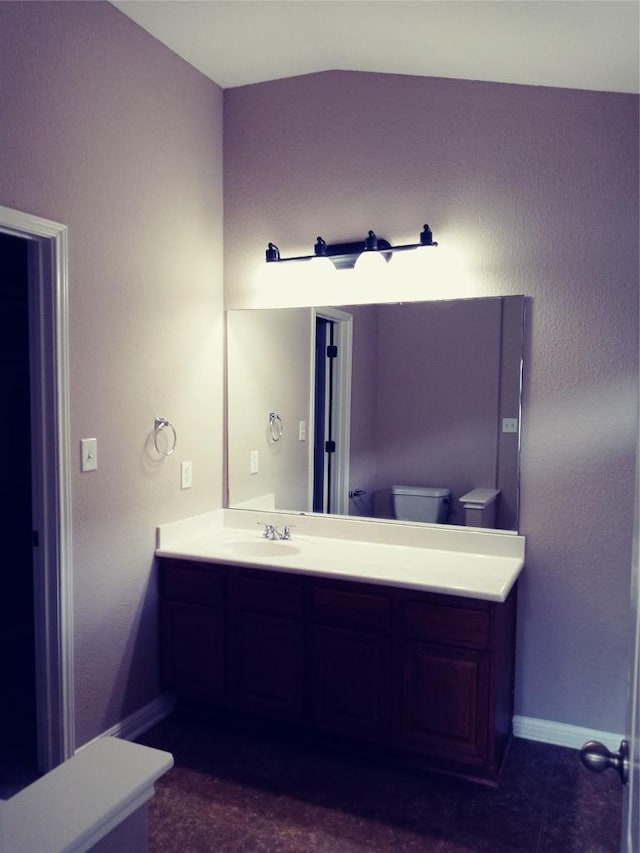 3304 Wickham Ln, Austin, TX 78725 - bathroom featuring vanity and lofted ceiling