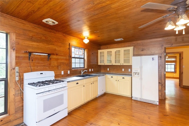 2874 Fm 1704, Elgin, TX 78621 - kitchen with white appliances, wood walls, wood ceiling, a ceiling fan, and light wood finished floors