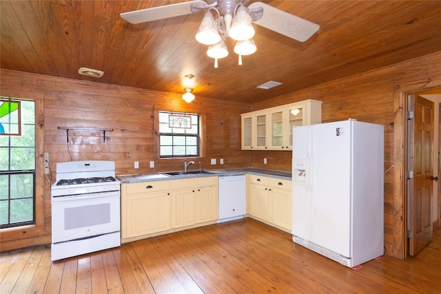 2874 Fm 1704, Elgin, TX 78621 - kitchen featuring white appliances, wood ceiling, ceiling fan, wood walls, and light wood finished floors