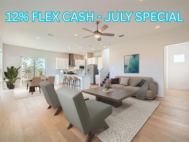 1531 N Red Bud Ln Unit 20, Round Rock, TX 78665 - living area featuring ceiling fan, stairway, light wood-style floors, and recessed lighting