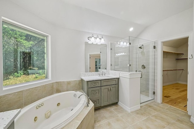 501 Flamingo Blvd, Lakeway, TX 78734 - bathroom with plenty of natural light, vanity, a shower stall, a jetted tub, and vaulted ceiling