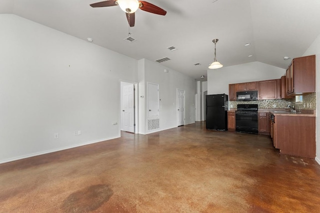 15300 Lucian St, Austin, TX 78725 - unfurnished living room with high vaulted ceiling, a ceiling fan, and finished concrete flooring