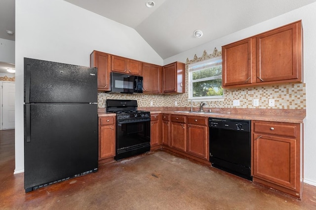 15300 Lucian St, Austin, TX 78725 - kitchen with black appliances, vaulted ceiling, finished concrete floors, tasteful backsplash, and light countertops