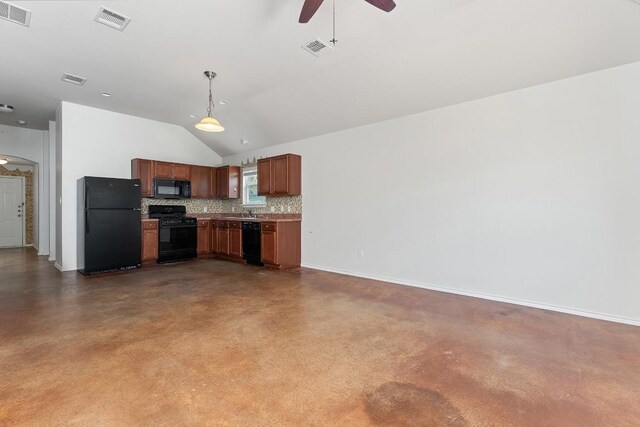 15300 Lucian St, Austin, TX 78725 - kitchen featuring black appliances, ceiling fan, backsplash, decorative light fixtures, and vaulted ceiling