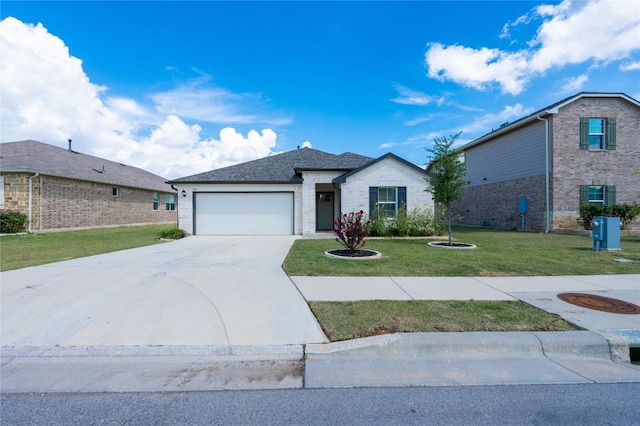 124 Ballyneal Ln, San Marcos, TX 78666 - ranch-style house featuring driveway, a garage, a front yard, and brick siding