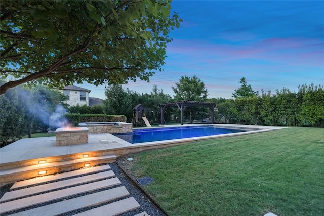405 Maialina Cv, Lakeway, TX 78738 - swimming pool featuring a fire pit, a yard, a pergola, and a patio area