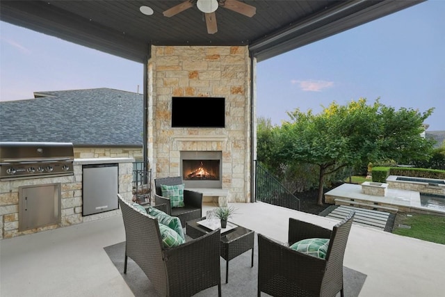 405 Maialina Cv, Lakeway, TX 78738 - view of patio / terrace featuring area for grilling, an outdoor living space with a fireplace, and a ceiling fan
