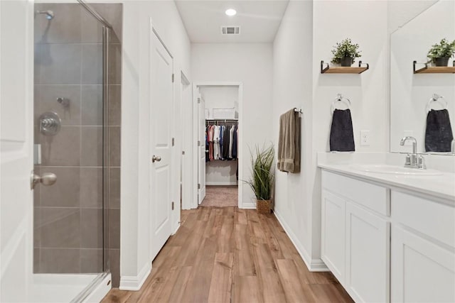 202 Grapefruit Rd, Hutto, TX 78634 - bathroom featuring a stall shower, vanity, wood finished floors, and a spacious closet