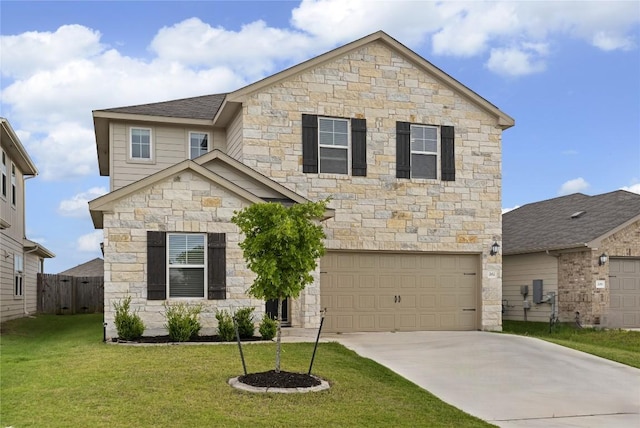 202 Grapefruit Rd, Hutto, TX 78634 - view of front facade with stone siding, an attached garage, and concrete driveway