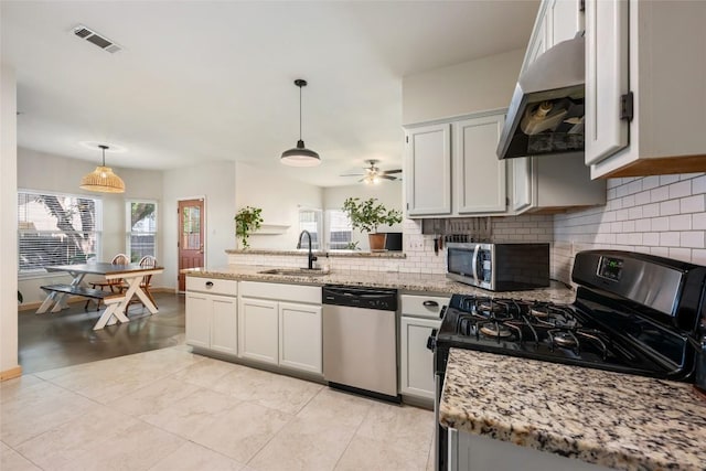 903 Thackeray Ln, Pflugerville, TX 78660 - kitchen featuring appliances with stainless steel finishes, under cabinet range hood, a peninsula, and decorative backsplash