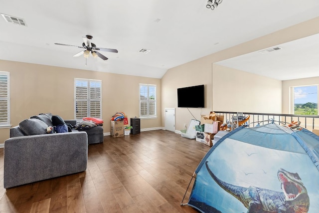 3604 Rosalina Loop, Round Rock, TX 78665 - recreation room with a ceiling fan, plenty of natural light, wood finished floors, and vaulted ceiling