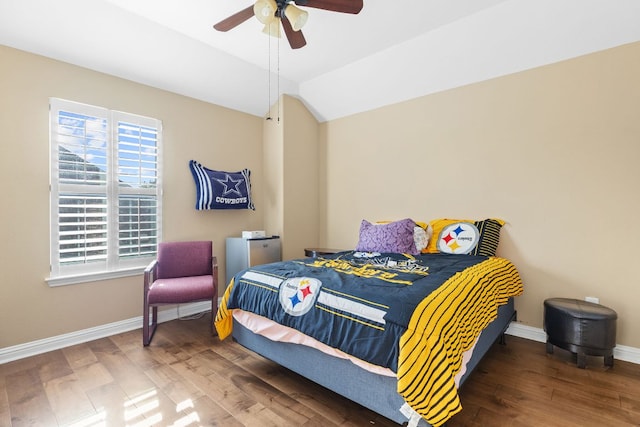 3604 Rosalina Loop, Round Rock, TX 78665 - bedroom featuring wood finished floors, vaulted ceiling, and a ceiling fan