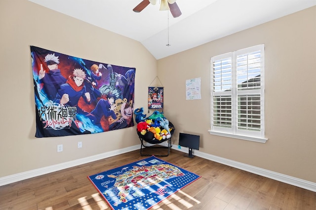 3604 Rosalina Loop, Round Rock, TX 78665 - playroom with wood finished floors, vaulted ceiling, and ceiling fan