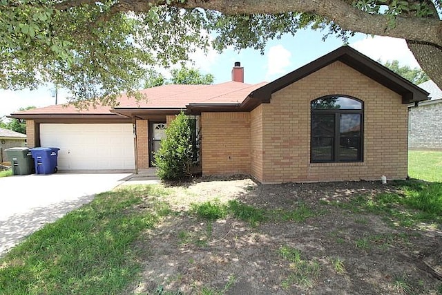 213 Bronc Dr, Copperas Cove, TX 76522 - ranch-style home with brick siding, a chimney, a garage, and concrete driveway