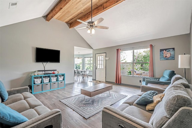 255 Mesquite Dr, Cedar Creek, TX 78612 - living area with beamed ceiling, a ceiling fan, light wood-style flooring, and high vaulted ceiling