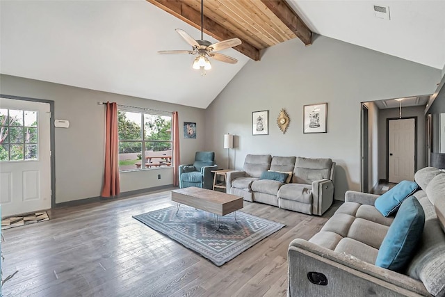 255 Mesquite Dr, Cedar Creek, TX 78612 - living area with ceiling fan, beam ceiling, light wood-type flooring, attic access, and high vaulted ceiling
