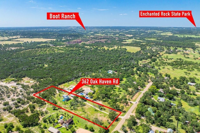 362 Oak Haven Rd, Fredericksburg, TX 78624 - aerial view of property and surrounding area with property boundaries highlighted