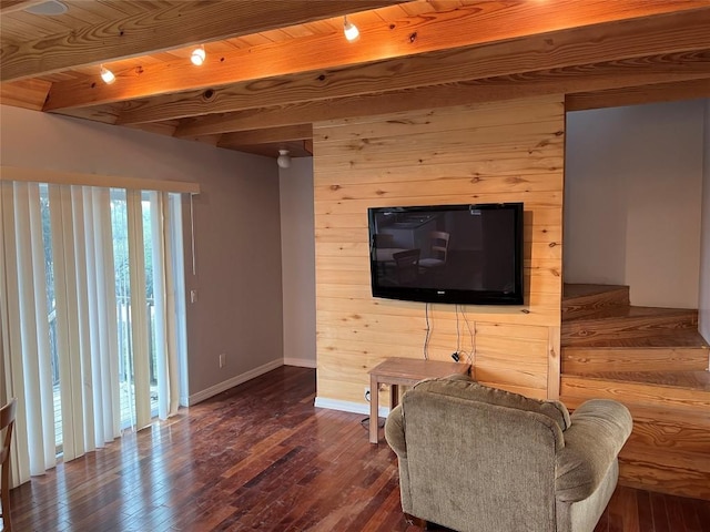 3819 Ranch Road 620th Rd N, Austin, TX 78734 - living area with wood-type flooring, a wood ceiling with exposed beams, and stairway