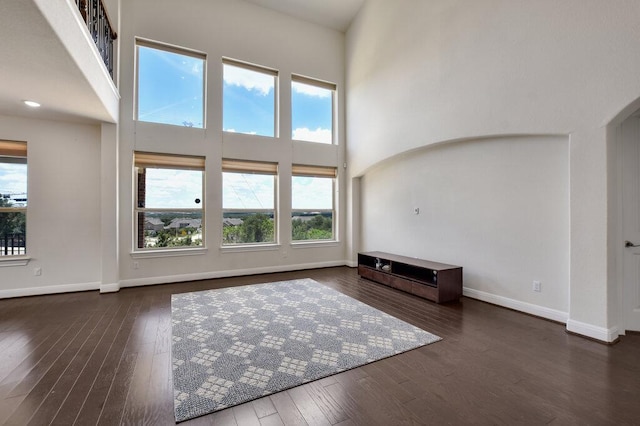 2521 Blended Tree Ranch Dr, Leander, TX 78641 - unfurnished living room with wood-type flooring, a towering ceiling, and arched walkways