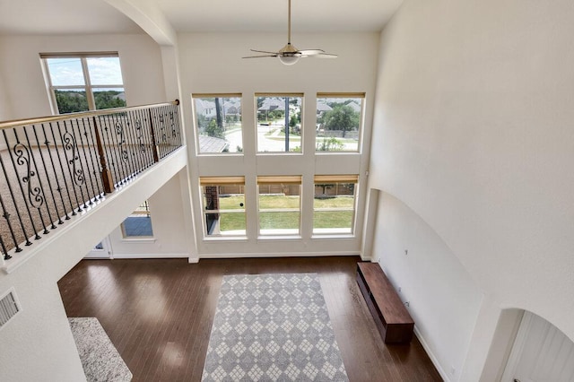 2521 Blended Tree Ranch Dr, Leander, TX 78641 - foyer entrance featuring ceiling fan, wood finished floors, and arched walkways