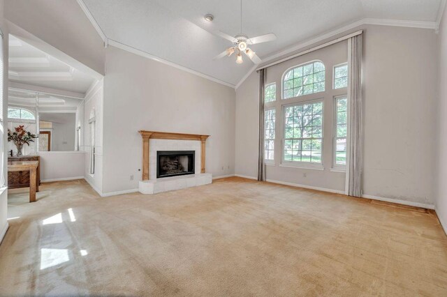 7 Hillway Dr, Round Rock, TX 78664 - unfurnished living room featuring lofted ceiling, carpet flooring, ornamental molding, ceiling fan, and a tile fireplace