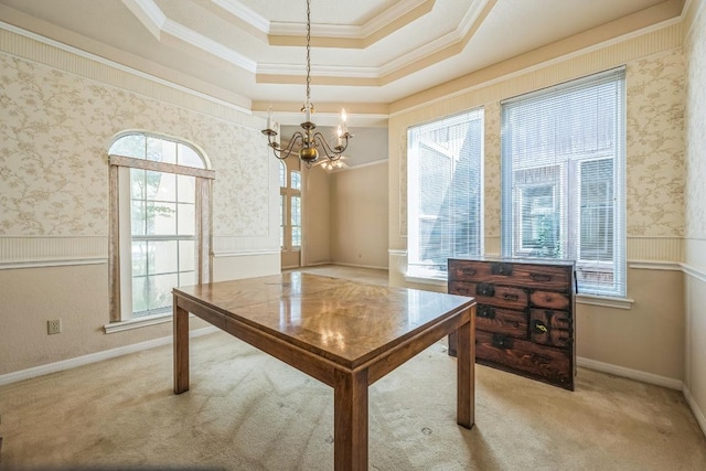 7 Hillway Dr, Round Rock, TX 78664 - dining space with a chandelier, light carpet, a tray ceiling, crown molding, and wallpapered walls