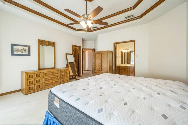 7 Hillway Dr, Round Rock, TX 78664 - bedroom with light carpet, connected bathroom, and ceiling fan